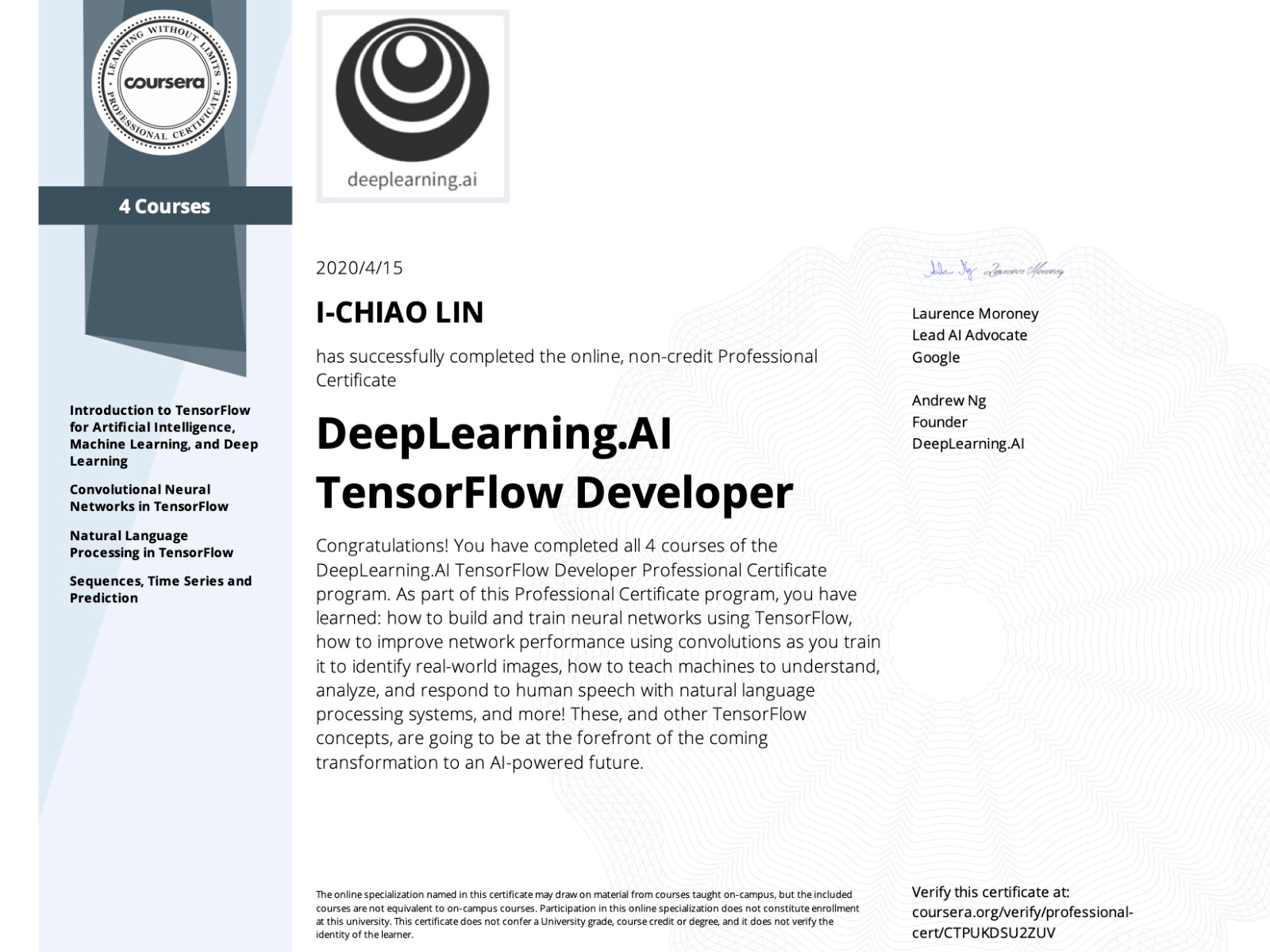 Cover of DeepLearning.AI TensorFlow Developer (Coursera).
