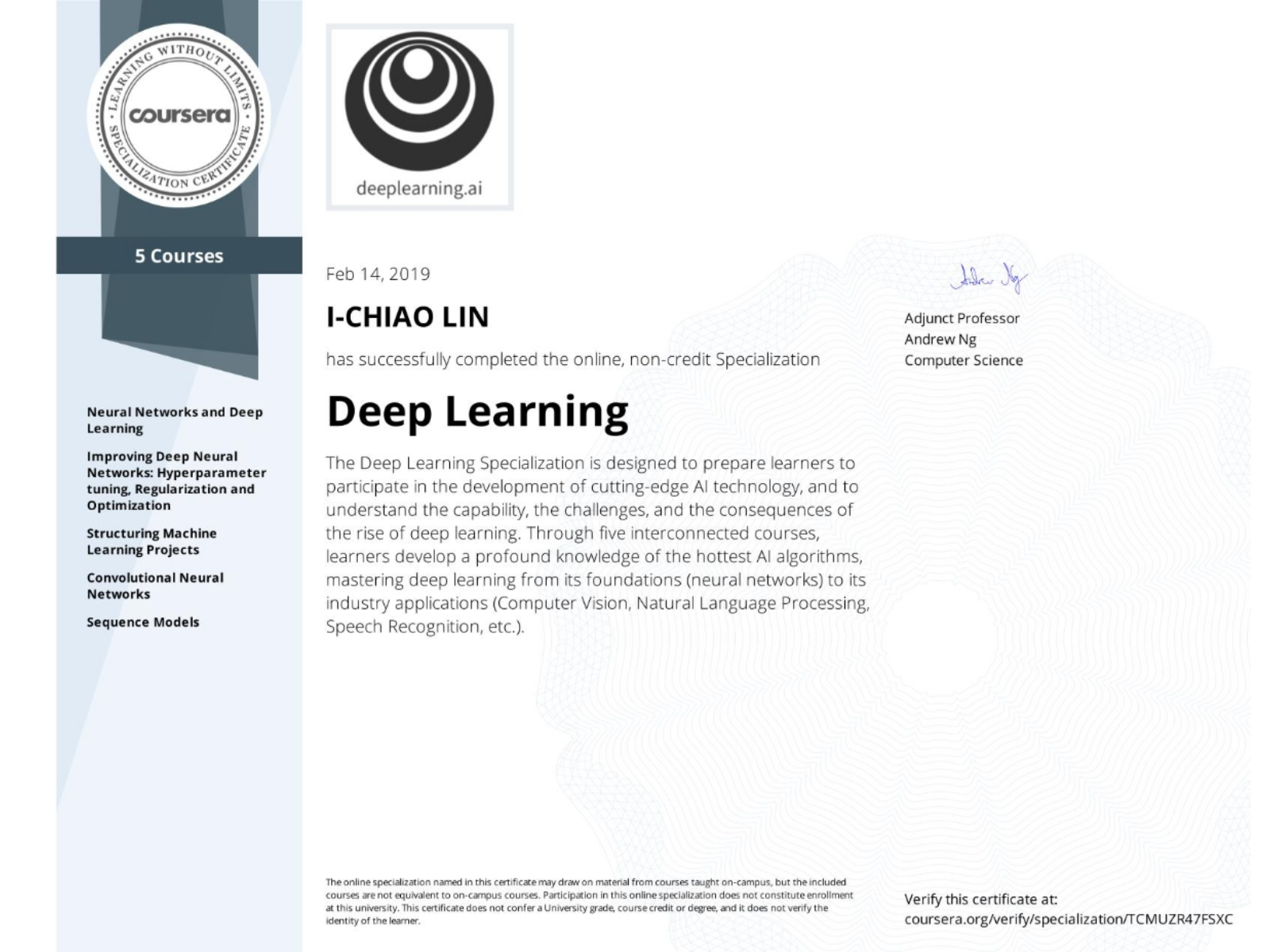 Cover of Deep Learning (Coursera).