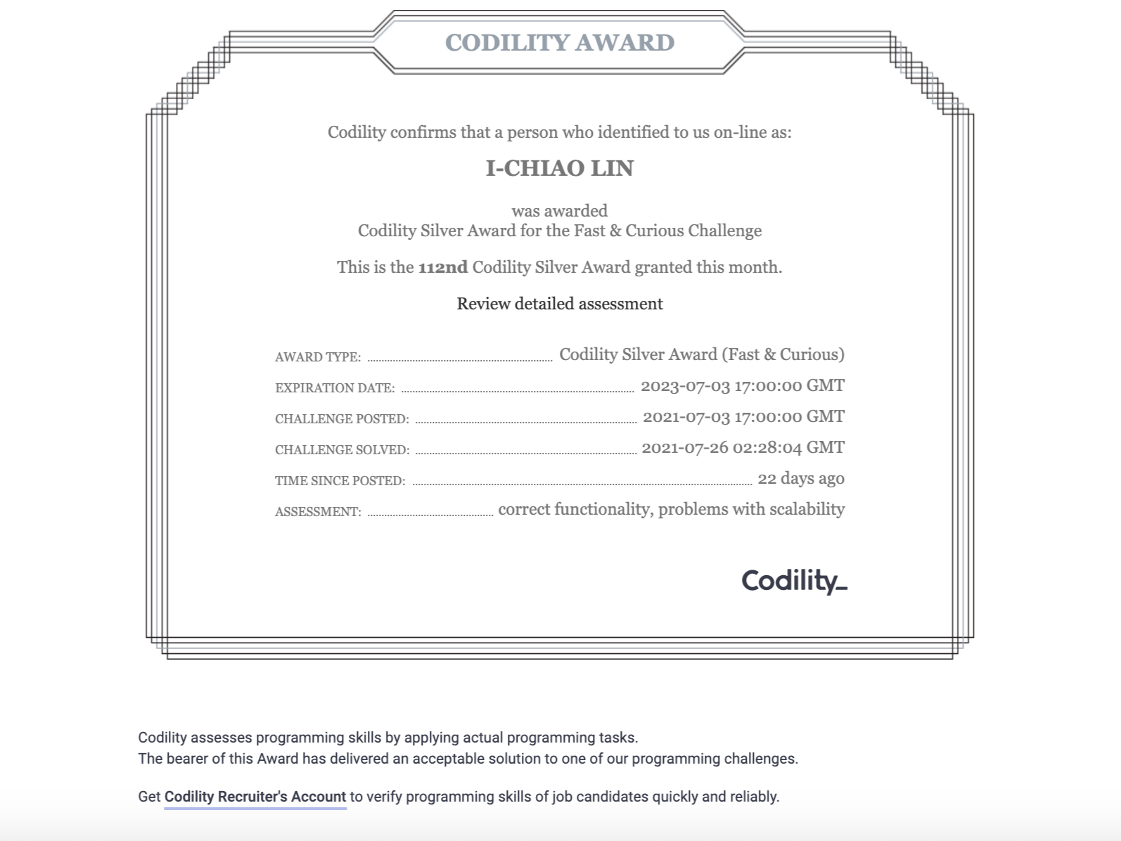 Cover of [Codility] Silver Award.