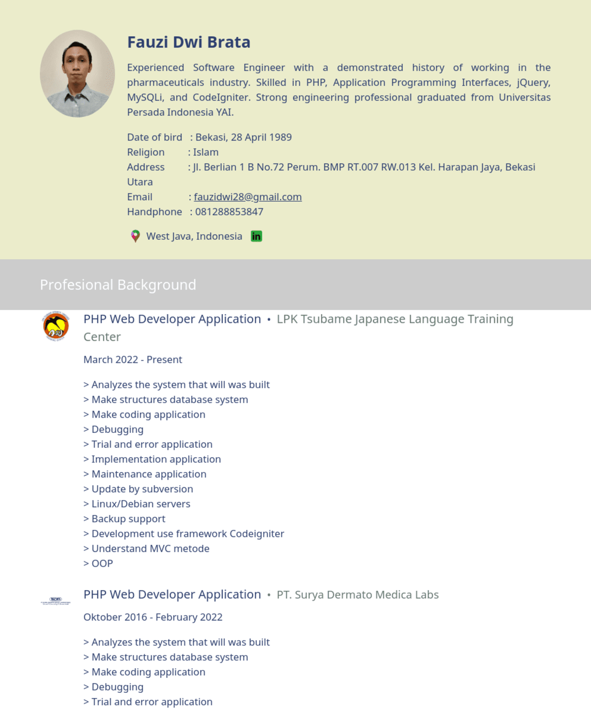 Fauzi Dwi Brata, PHP Web Developer Application@PT. SURYA DERMATO MEDICA LABS
